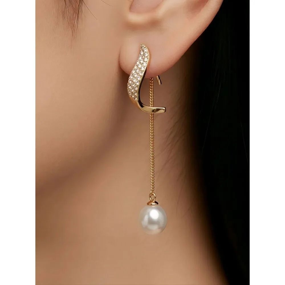 Gold Pearl Ear Jacket Earrings CZ Rhinestone Bridal Chain Dangle Wedding Glam